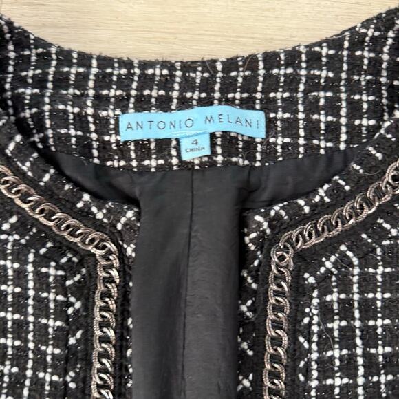 Antonio Melani Black White Tweed Blazer Jacket with Chain Detail Size 4 - Picture 2 of 9